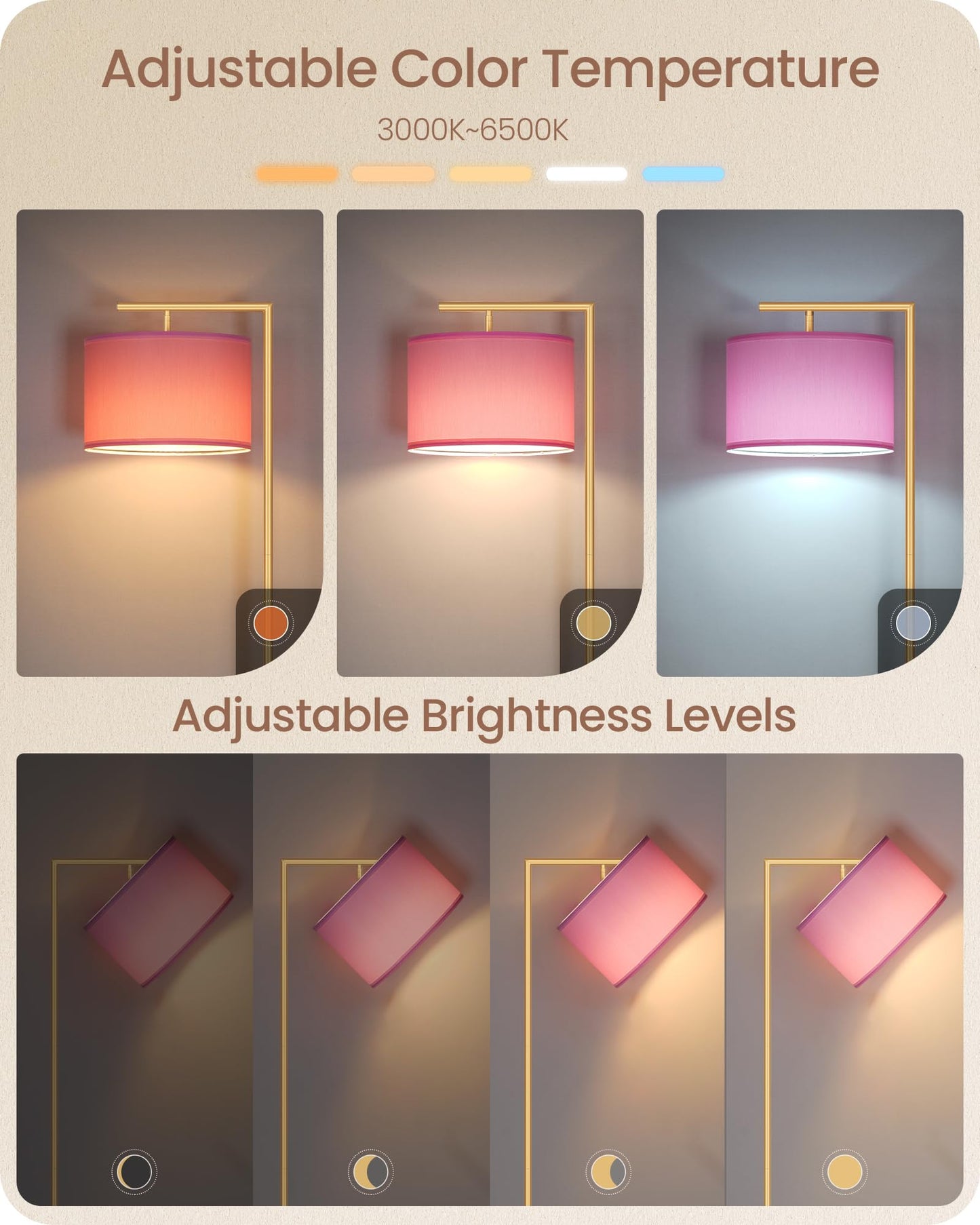 GOEBLESON Modern Gold Arc Floor Lamp, Corner Tall Lamp with Remote, Arched Reading Light with Fabric Shade, Floor Lighting for Living Room, Bedroom, Office, Study, Pink, LED Bulb Included, DP11LD05