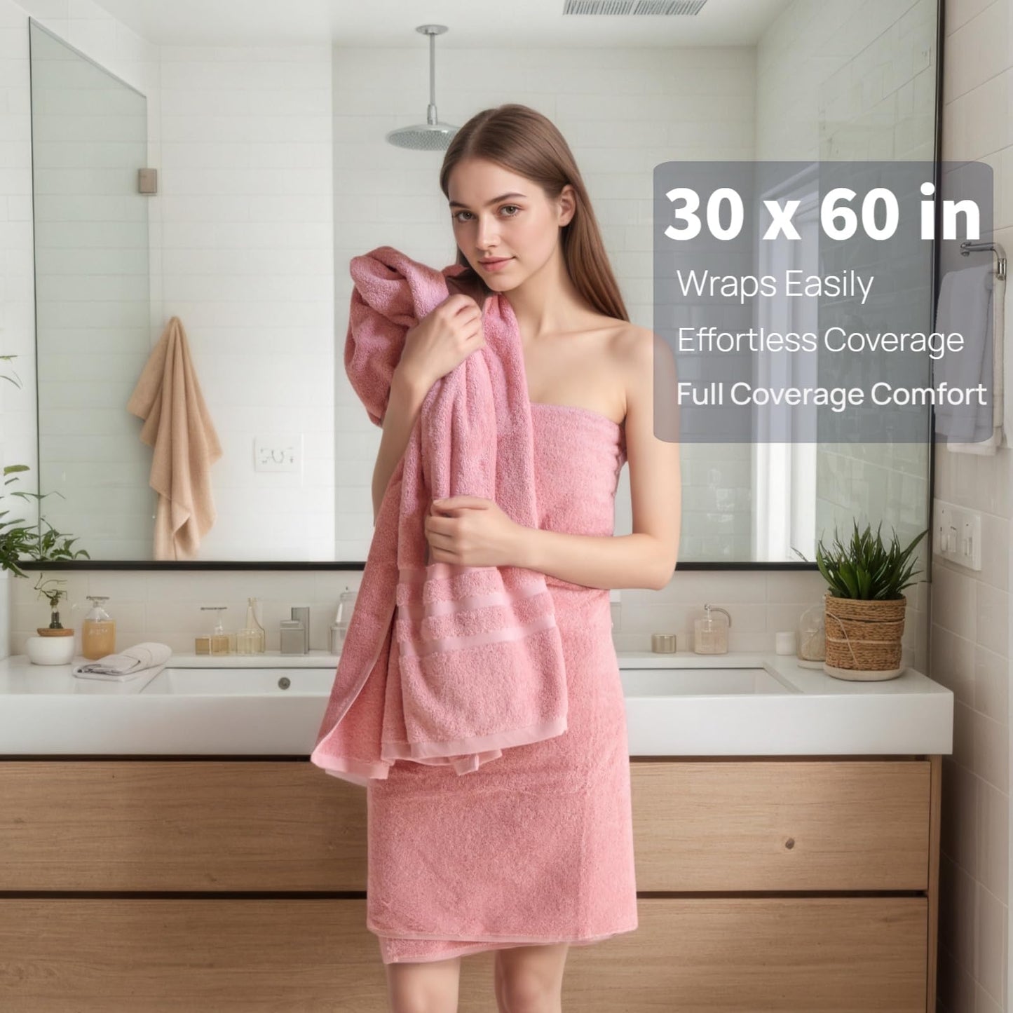 Velqora Bath Towels 4 Pack, 30 x 60 Inches, Large 100% Cotton Towels, Soft, Absorbent, Comfortable for Home, Spa, and Gym, (Pink,Gray,Beige,Blue)