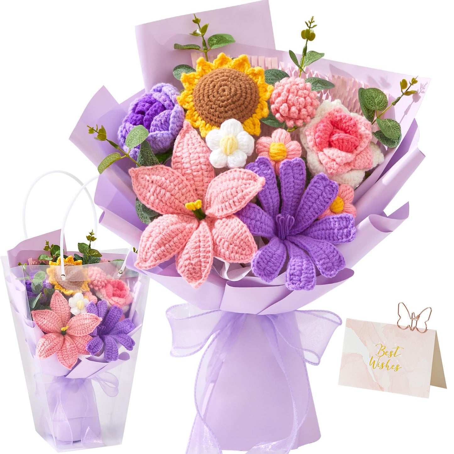 Cilimnas Crochet Flower Bouquet,Pink&Purple Knitted Flowers, Handmade Lily Sunflowers Roses Bouquet for Birthday Anniversary Party Mother's Day Graduation Gifts
