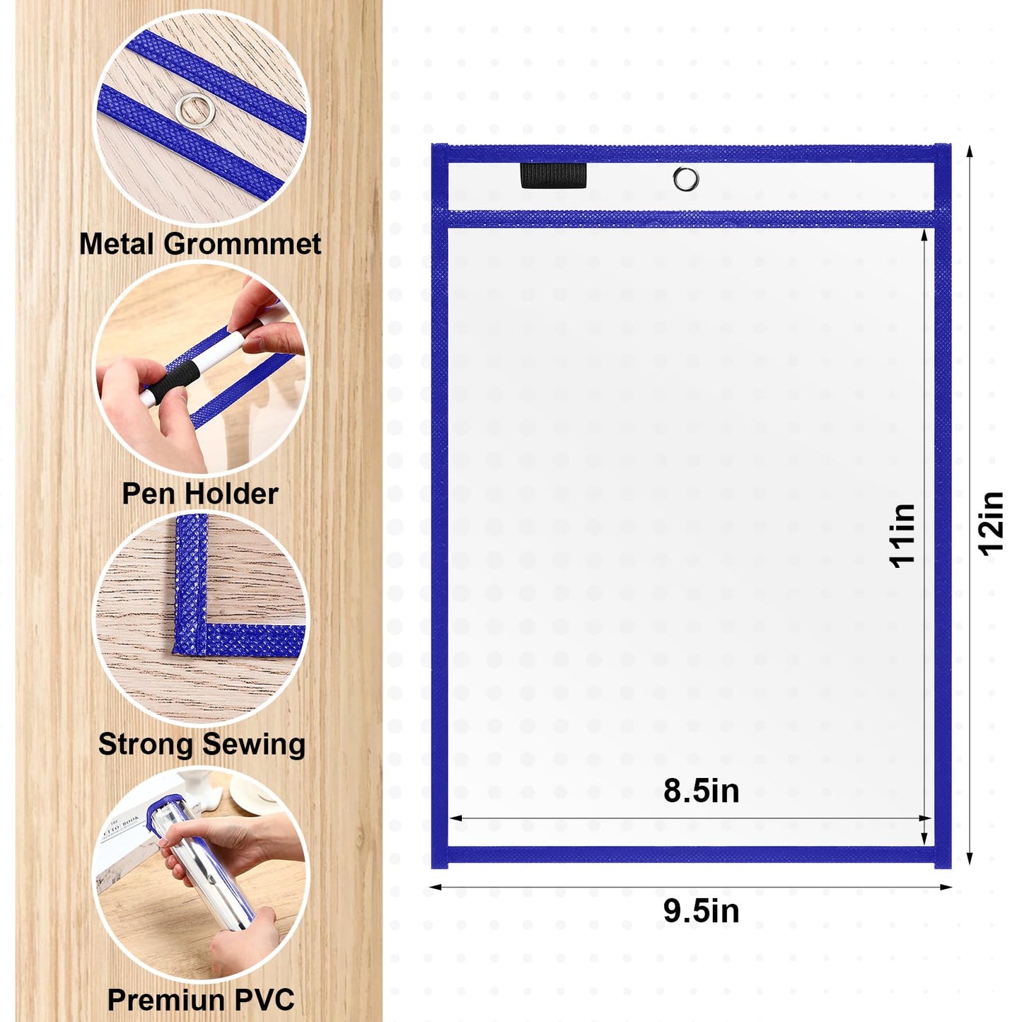 Nezyo Dry Erase Pockets Plastic Job Ticket Holders Shop Holder Order Pockets Clear Sleeves Tickets Folders Plastic Sleeves Paper Teacher Supplies for Classroom(12 x 9.5 in,Blue,50 Pcs)
