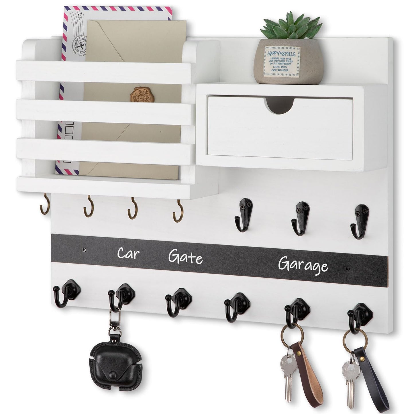 Nekon Key Holder Wall Mount, Rustic Mail and Keys Shelf for Wall Organization with 13 Hooks, Home Decor Accessory with Drawer, White