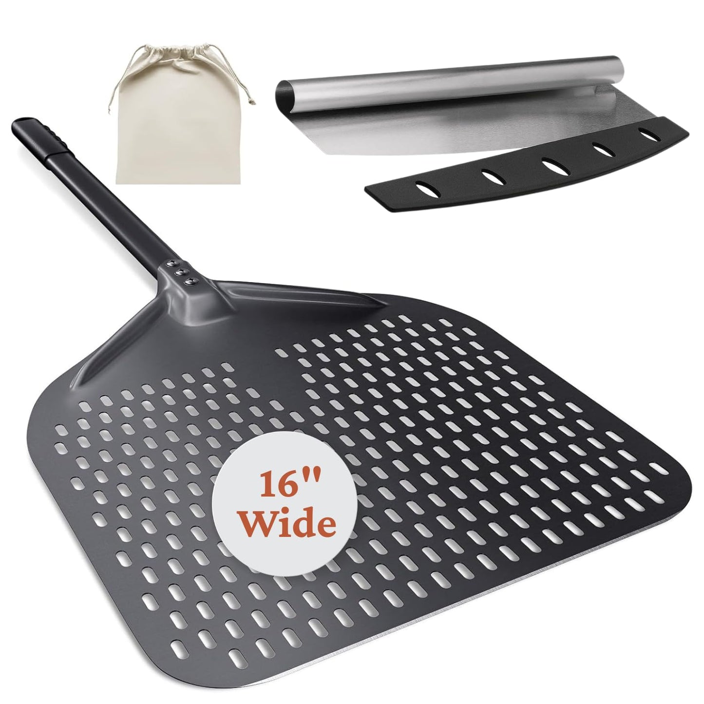 Colenza Pizza Peel 16 Inch with Long Handle, Approx 16" Wx 18" L, Aluminum Perforated Pizza Peel 16 inch with 14" Pizza Cutter Rocker Blade, Non Stick, Easy Slide for Baking, Outdoor & Indoor Use