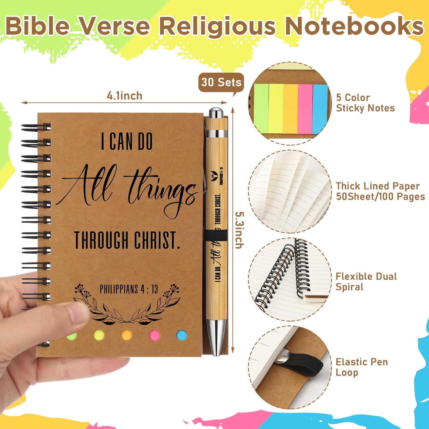 Spakon 60 Pcs/ 30 Set Mother's Day Christian Gifts Bulk Christian Bible Journals & Sticky Notes Gift Set with Pens for Father's Day Church, Pastor, Employee Appreciation, Christmas & VBS(Kraft)