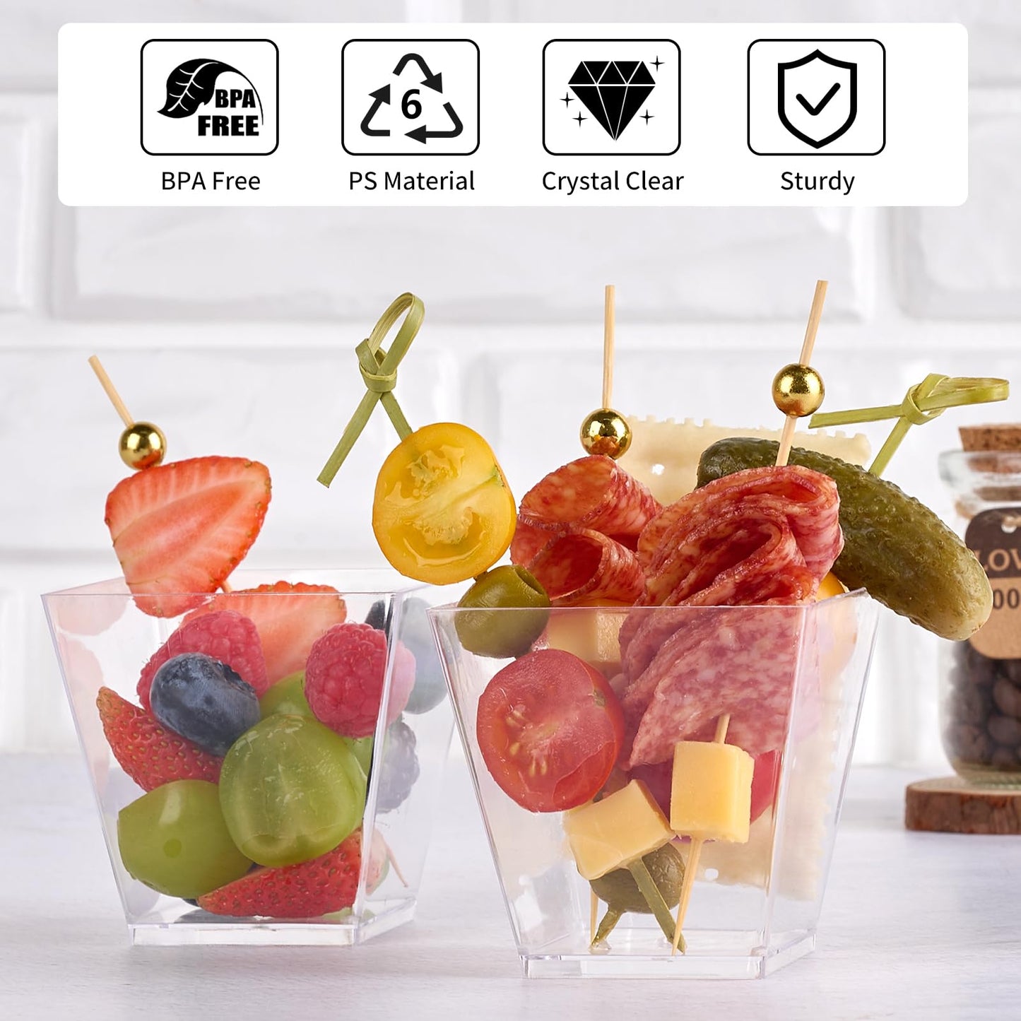 Zezzxu 50 Sets 7 oz Plastic Charcuterie Cups with 200 Sticks, Square Appetizer Cup with Cocktail Picks Mini Party Serving Cups for Fruit, Snack, Dessert