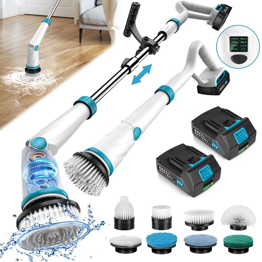 1500RPM Electric Spin Scrubber, 8 Brush Heads Electric Scrubber for Cleaning, Shower Scrubber with Long Handle and Two Battery, High Power Scrubber with Display for Bathroom/Tub/Floor