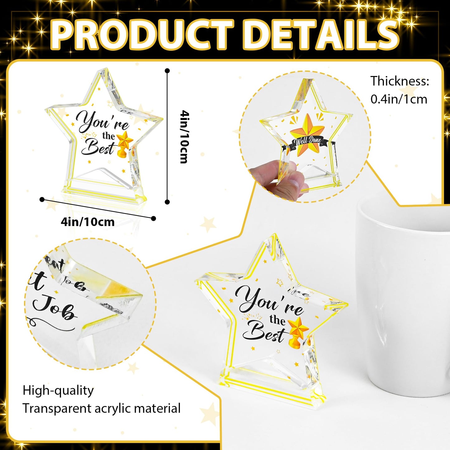 24 Pcs Medium Size Acrylic Employee Appreciation Awards Gifts Bulk Team School Classroom Prizes Motivational Trophies Thank You Recognition Colleagues Students Office Graduation Decor Gold Star