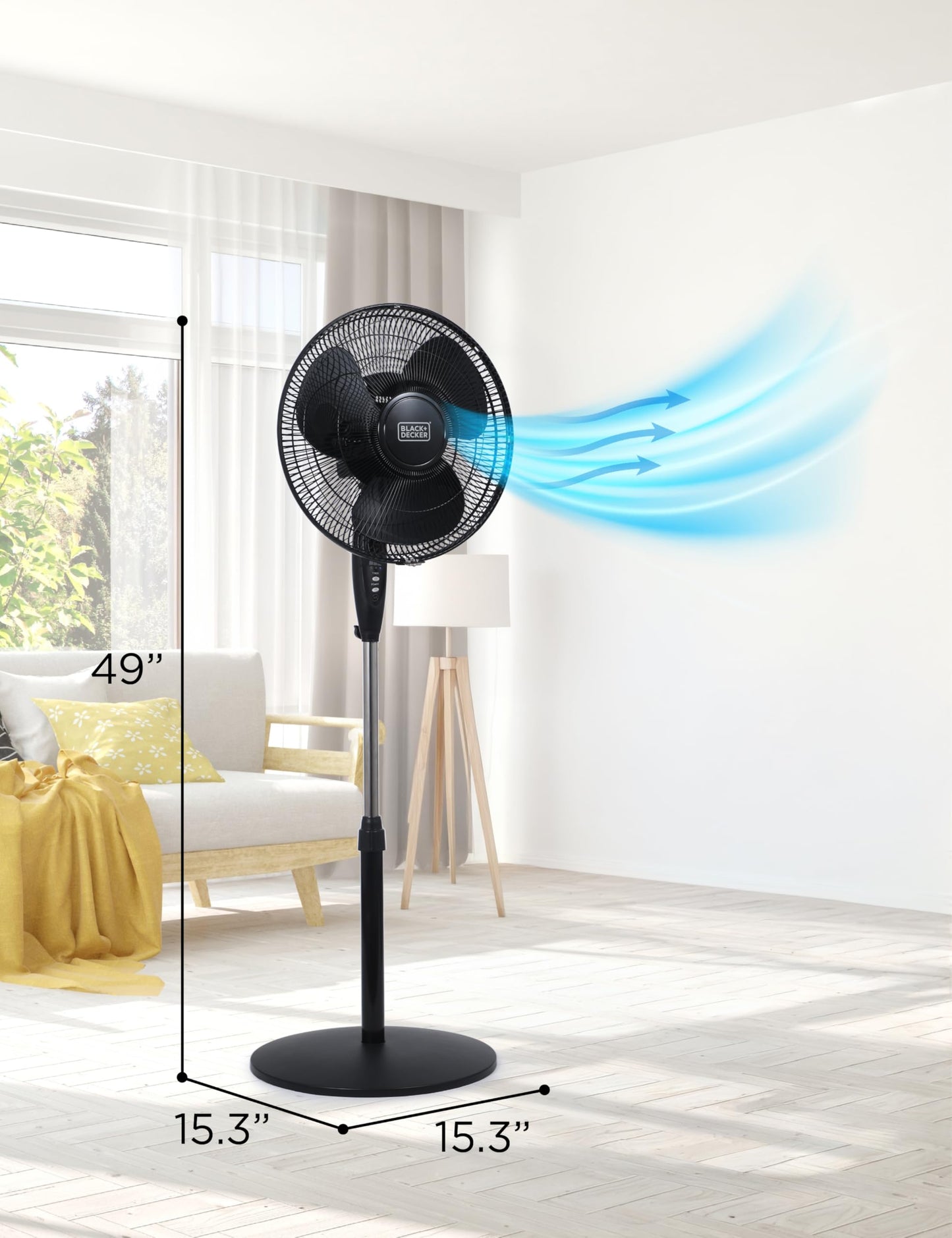 BLACK+DECKER 16" Standing Oscillating Pedestal Fan with Remote, 90-Degree Oscillation, 3 Speed Settings, Adjustable Height, Timer, 30-Degree Tilt, BFSR16B, Black