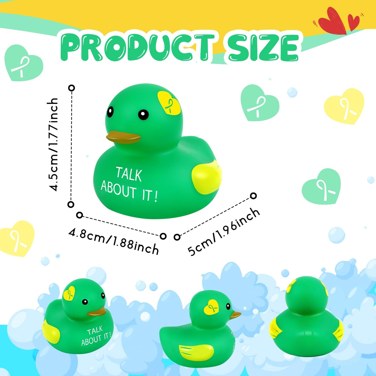 Deekin 100 Pcs Mental Health Rubber Duck Bulk Green Ribbon Mental Health Awareness Items Gifts for Self Care Adults Charity Office Therapist Favors