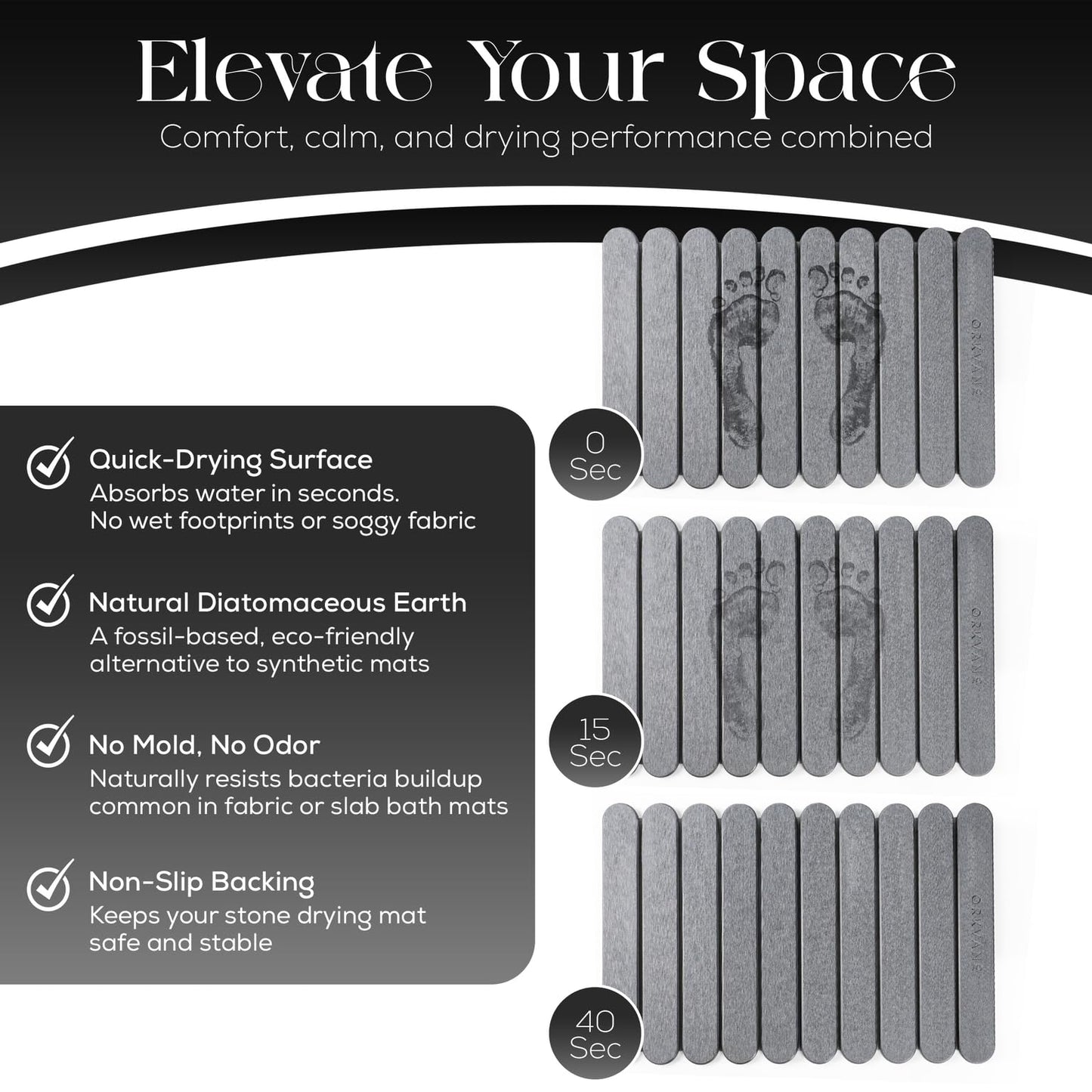 Extra Large Diatomaceous Stone Bath Mat (28" x 19") – Fast Drying, Super Absorbent, Non Slip – Foldable Spa Bathroom Mat – Modern Luxury Design – Mineral Grey – Orkvane