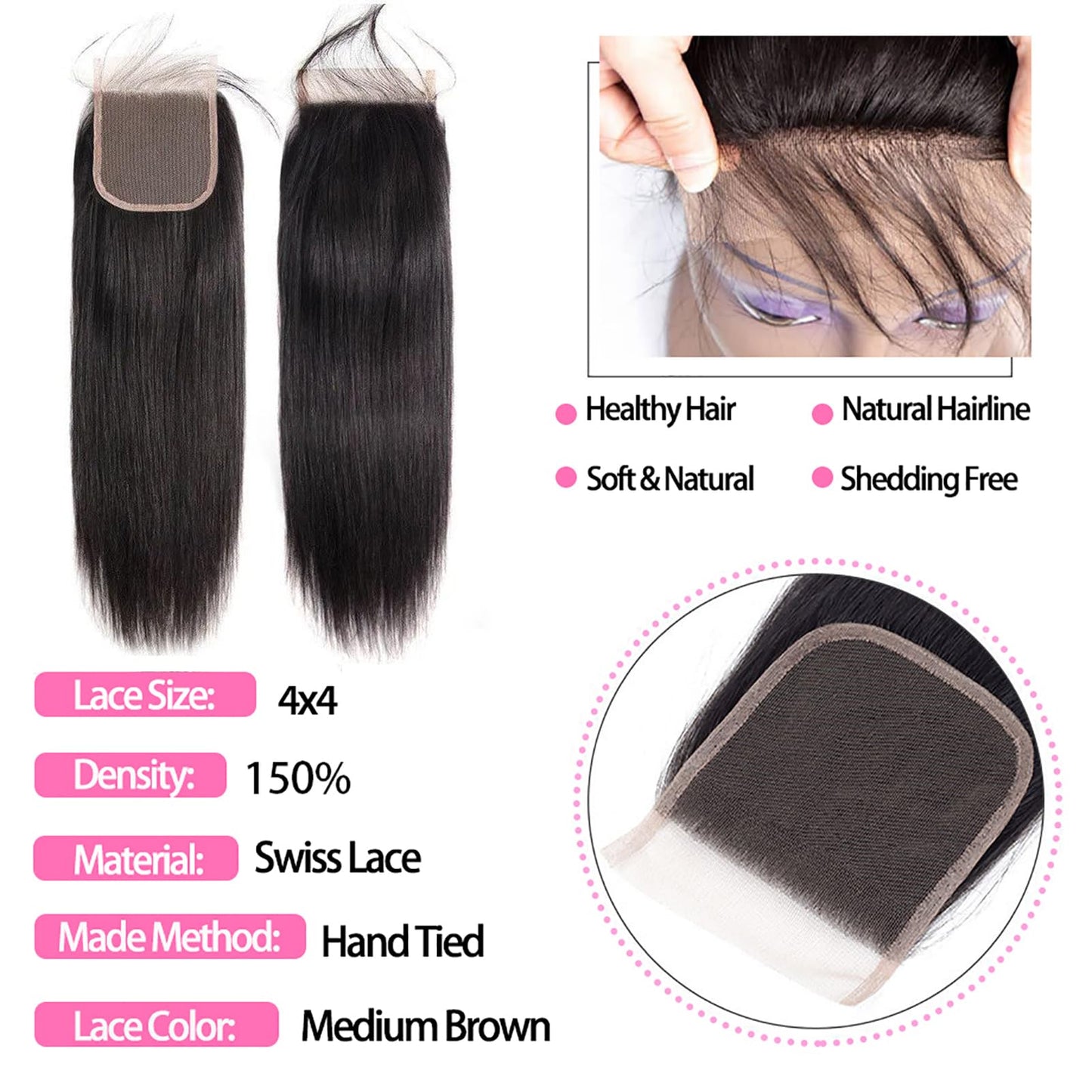 10A Straight Bundles with Closure 20 22 24 with 18 Inch Human Hair Bundles with Closure 100% Unprocessed Brazilian Virgin Human Hair Weave with Closure HD Lace