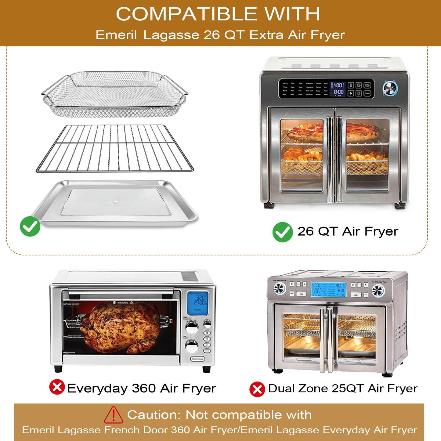 GWYSY 5-Pack Air Fryer Replacement Set for Emeril Lagasse 26QT, Includes Non-Stick Baking Pan, Basket, Air Fryer Rack, 2 Mats & 100 Parchment Papers, Stainless Steel Bakeware Set