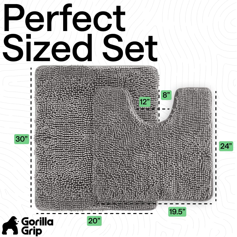 GORILLA GRIP Bathroom Rug Sets, Soft Chenille 2 Piece Area Rugs Set, Toilet Base Mat and 30x20 Carpet, Absorbent Microfiber Washable Mats Dry Quickly, Home Décor and Bath Room Accessories, Grey