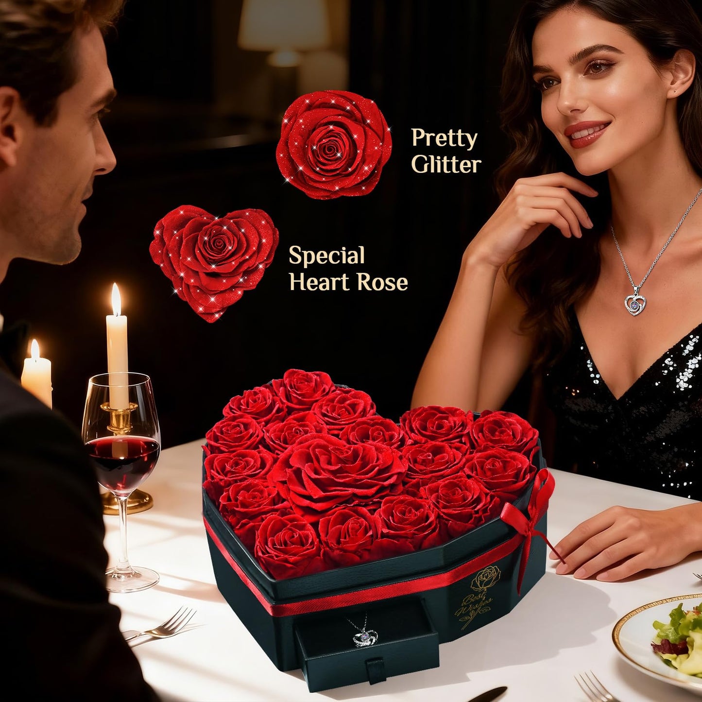 MARTINE MALL 17 Forever Flowers for Delivery, Mothers Day Birthday Gifts for Women Mom Glitter Preserved Real Roses in a Box Gifts for Girlfriend Wife Lasting Eternal Flowers with Necklace, Red