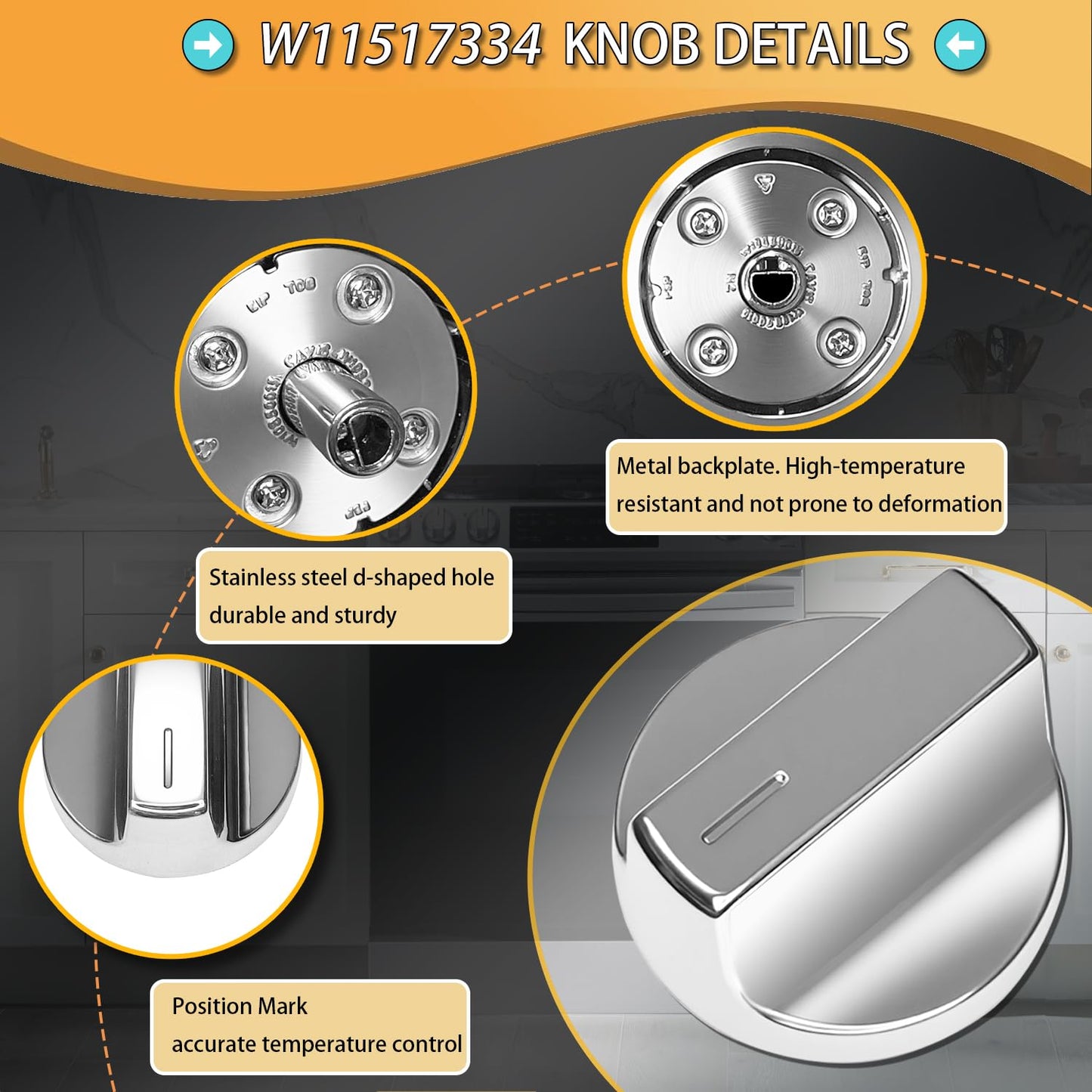 4 Pack Enhanced W11517334 for Whirlpool Gas Range Oven Knobs Replacements W10850033,W11122869 Compatible with Models WEG515S0FB0 WEG515S0FS0 WEG515S0FS2 WEG515S0FS3 WEG515S0FW0 WEG745H0FS0