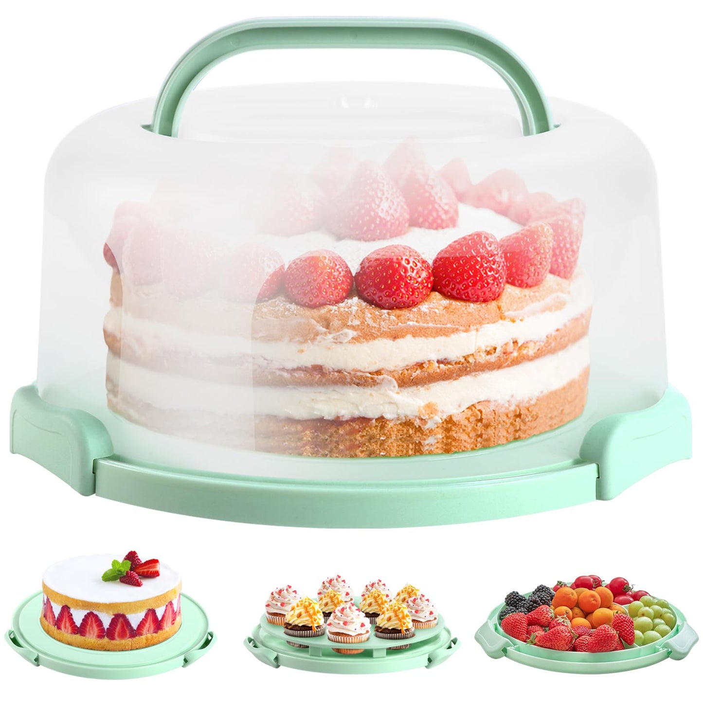 Cake Carrier with Lid and Handle, Ohuhu BPA-Free Cake Containers Cake Holder for 10 inch Cake with 2 Handle Cupcake Carrier - Plastic Cover Two Sided Base for Transport Pie Nut Fruit Mothers Day Gifts