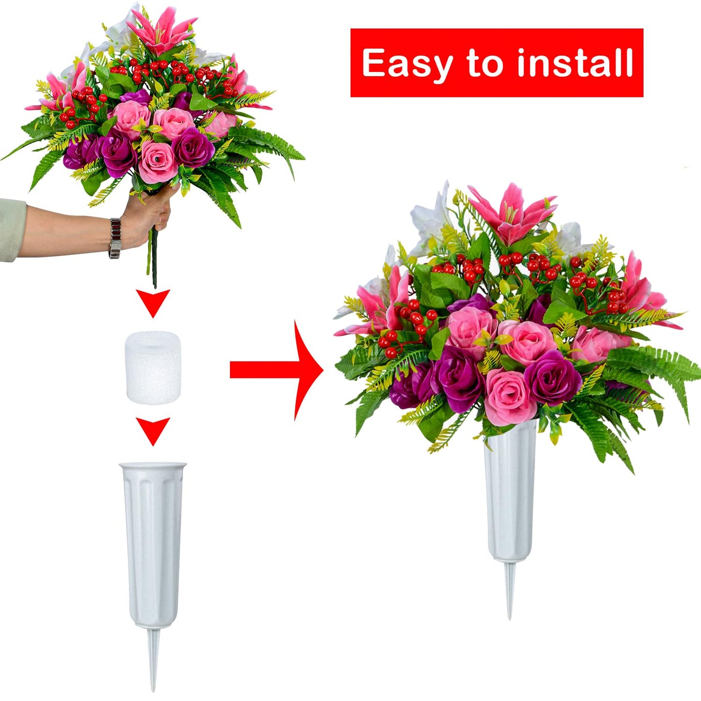 XONOR Artificial Cemetery Flowers with Vase, Set of 2 Artificial Rose Lily Bouquet Graveyard Memorial Flowers for Cemetery Headstones Decoration