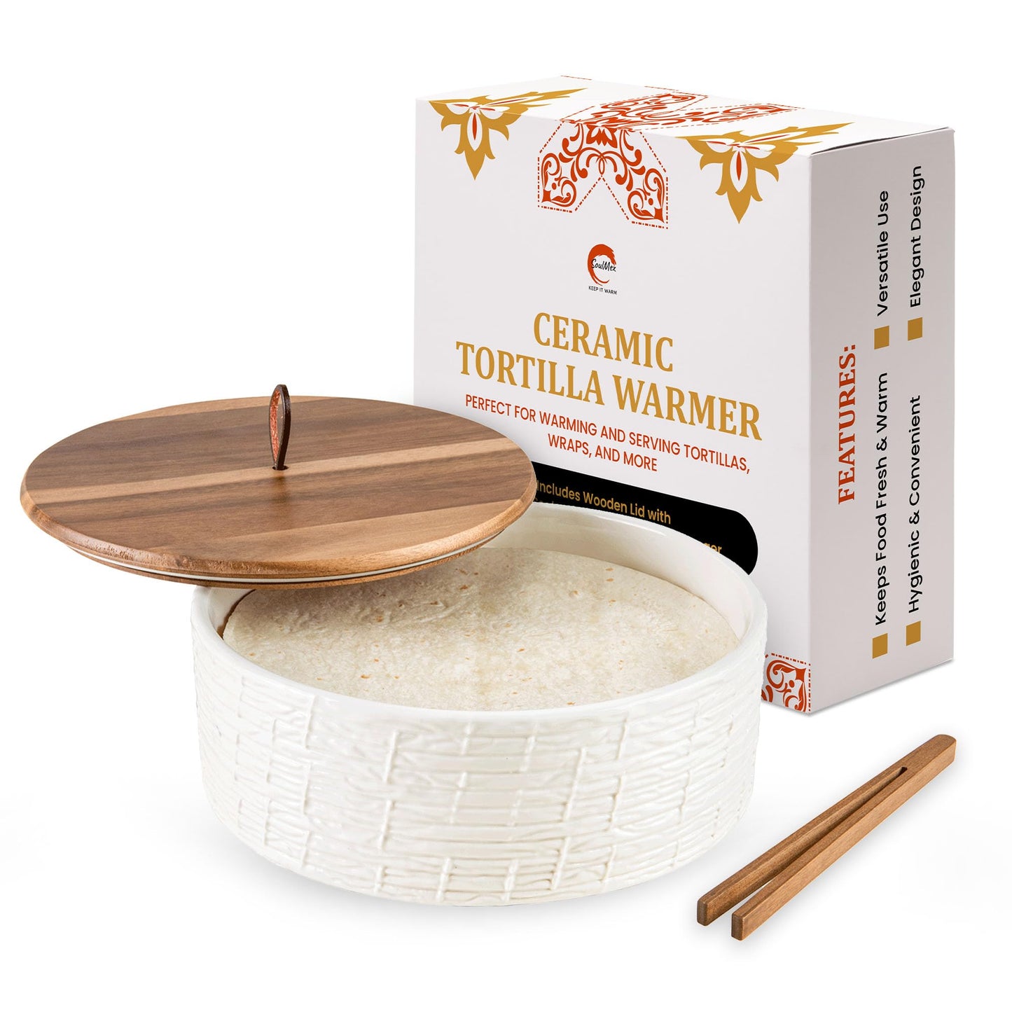 SoulMex Ceramic Tortilla Warmer with Airtight Wooden Lid – 8.8 Inch Tortilla Holder, Insulated Bread Pancake Warmer, Authentic Tortillero for Tortillas, Pancakes, Roti – Large Tortilla Container