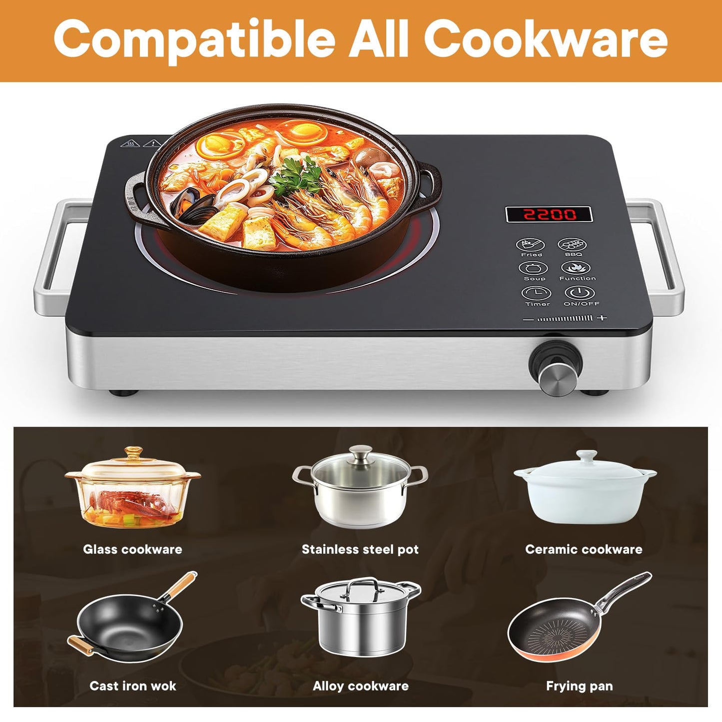 Daoseolo 1800W Portable Electric Stove 4-Hour Timer Electric Heating Plate Surface Touch and Knob Controls 12-Level Power Temperature Adjustment Compatible with All Flat-Bottom Cookware