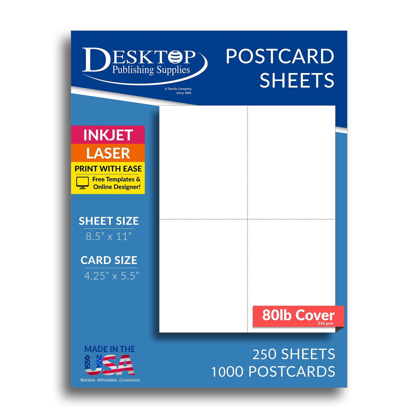 Heavyweight Blank Postcard Paper for Printing - White - 250 Sheets / 1000 Postcards - Perforated 4 per sheet - Thick 80lb Cover Cardstock - Inkjet/Laser Printable