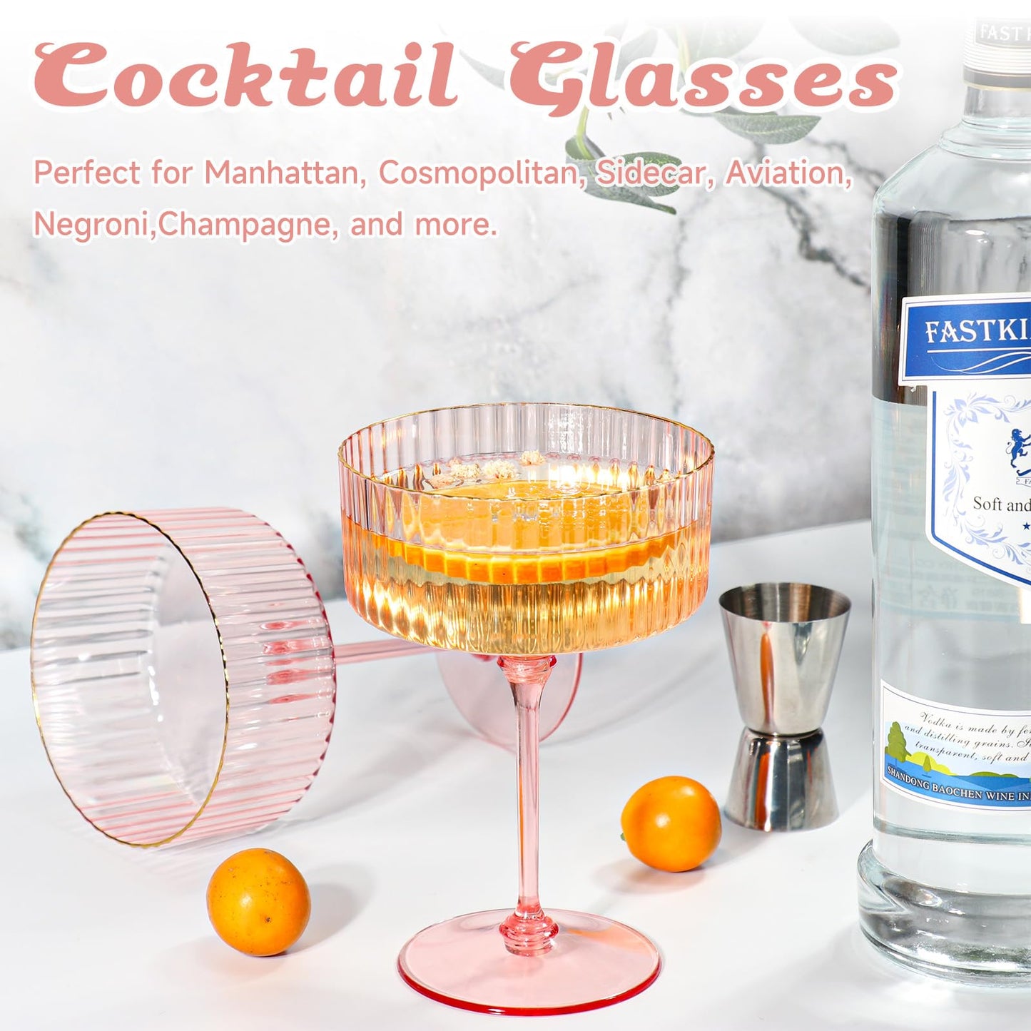 XUWAIDSGN 24 Pcs Champagne Martini Glasses 9 Oz with Gilded Removable Gold Rim Coupe Glasses Pink Martini Glasses Plastic Mimosa Vintage Coupe Glasses Set For Wedding Anniversary (24, Ribbed Pink)