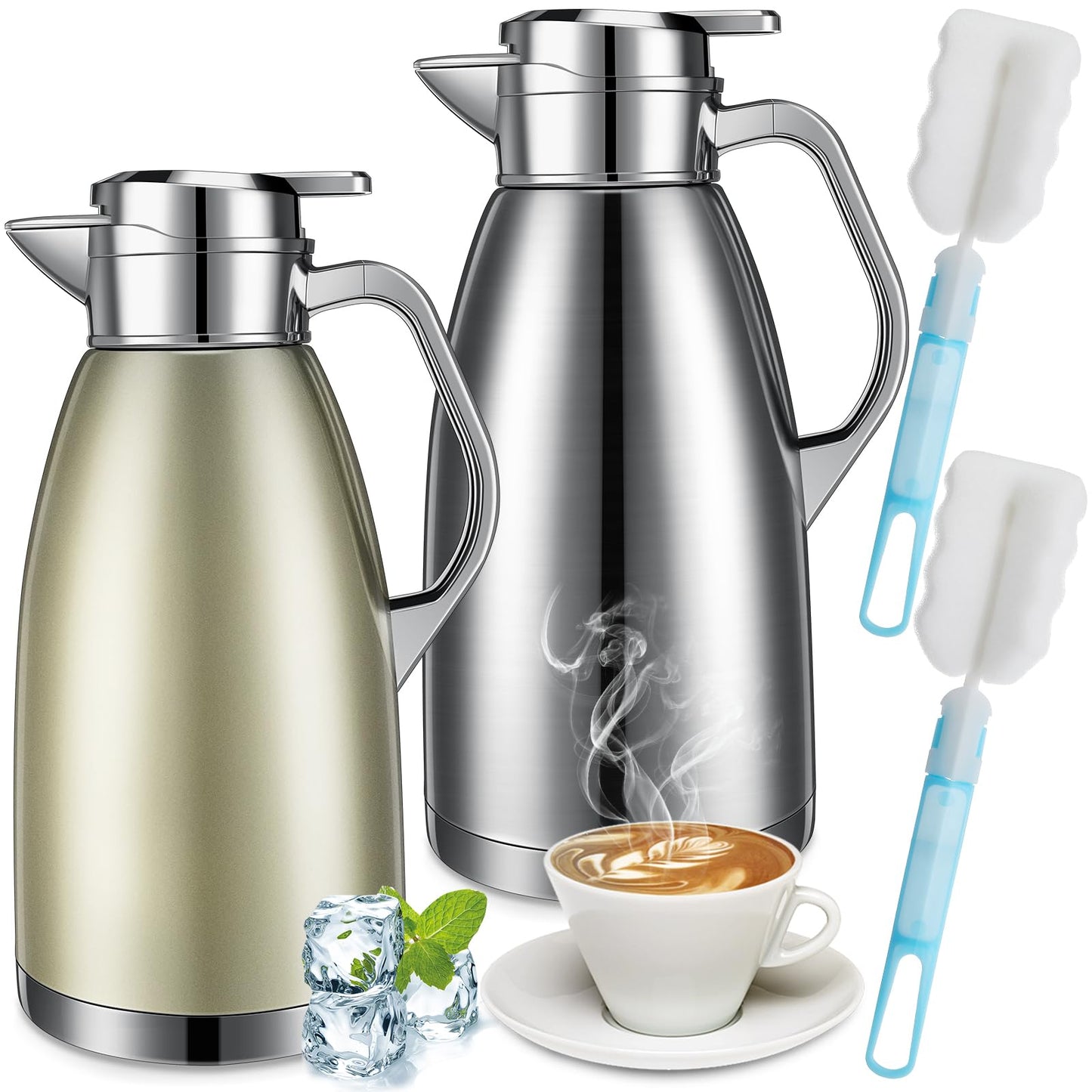 Tioncy 2 Pcs Thermal Coffee 78oz Insulated Carafe Hot Water Dispenser Stainless Steel Carafe for Liquid Coffee Tea Milk with 2 Brushes Keep 12 Hours Hot 24 Hours Cold(Gold, Silver)