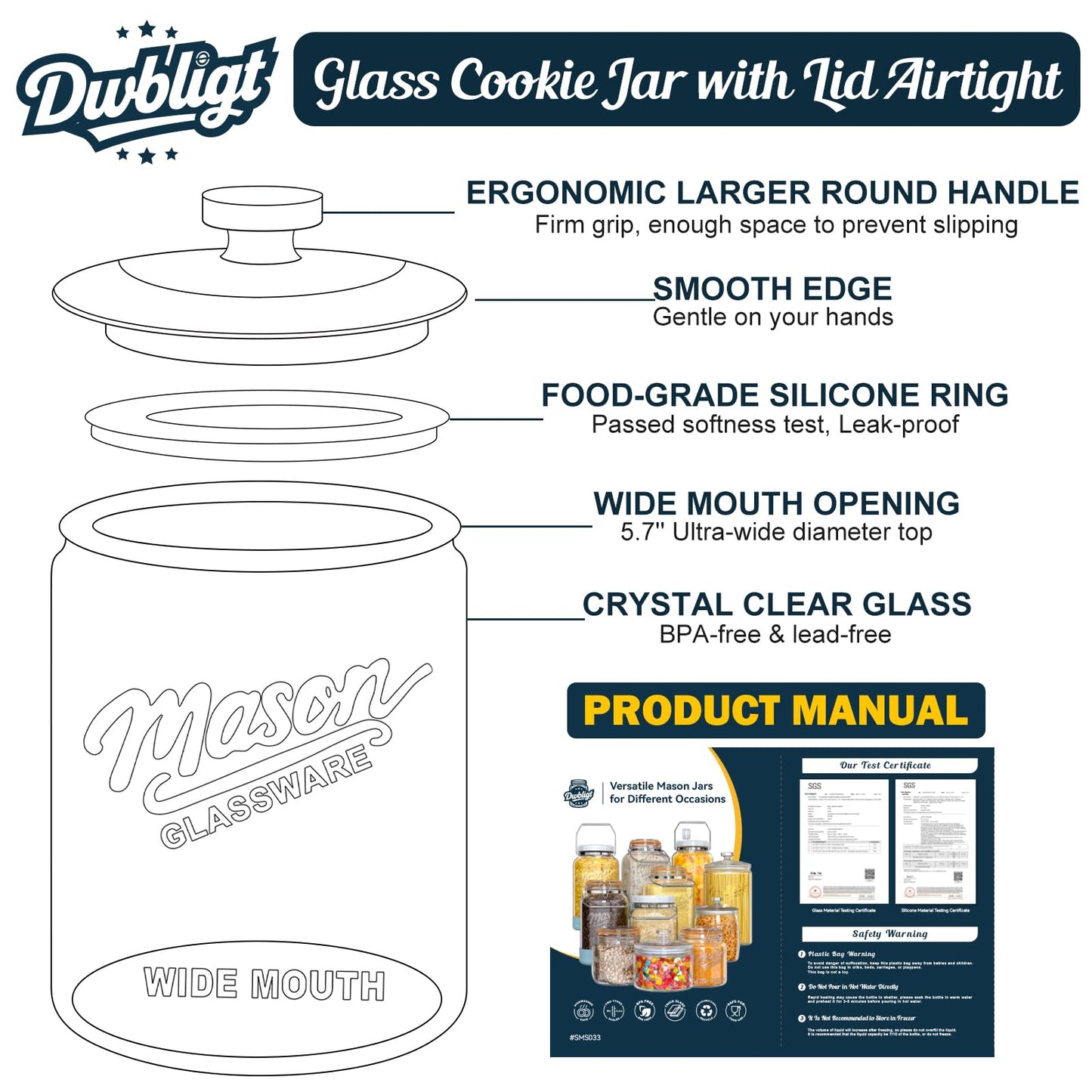Dwbligt 2 Pack 1 Gallon Glass Cookie Jar with Lid, Glass Canisters for Pantry Organizers & Storage, Wide Mouth Mason Jar for Flour Sugar, Sourdough Starter, Coffee, Dog Treat, Apothecary, Laundry Room