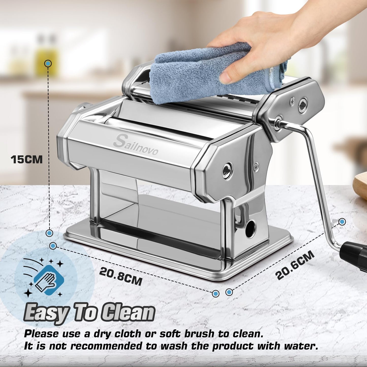 Sailnovo 3 in 1 Pasta Maker Machine - 9 Adjustable Thickness Settings Aluminum Alloy Pasta Roller & 2 Width Cutters for Fresh Spaghetti, Fettuccini, Lasagna, Dumplings - Stainless Steel, Silver
