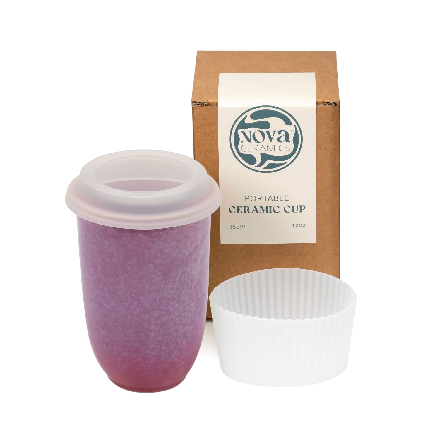 NOVA CERAMICS Coffee Travel Mug – Cup Holder Friendly Travel Mug– Microwave & Dishwasher Safe White & Purple Tumbler - Coffee Mug Fits In Cup Holder – 12oz – Astral Bloom