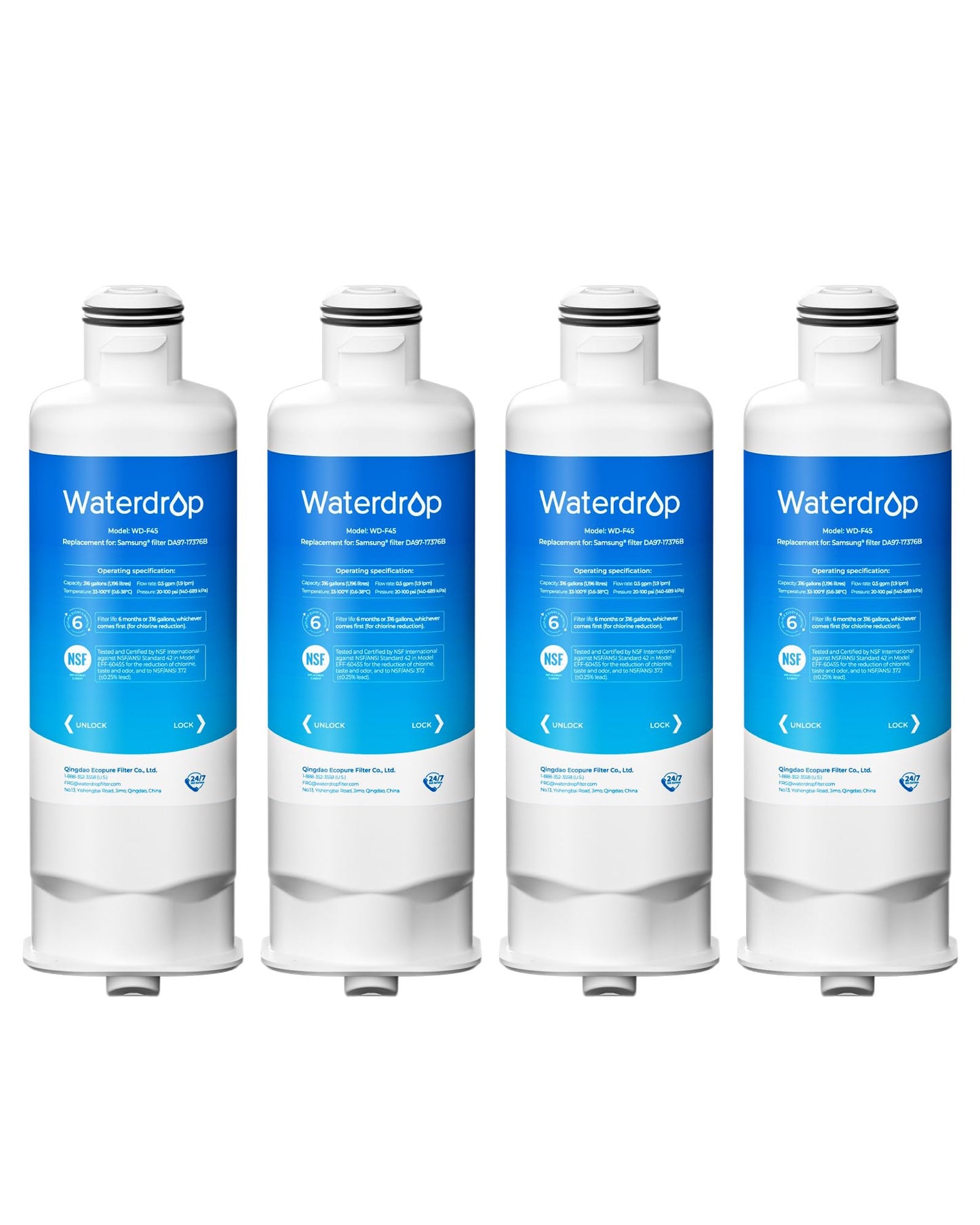 Waterdrop WD-F45 Replacement for Samsung® DA97-17376B, HAF-QIN/EXP, DA97-08006C, RF28R7201SR, RF28R7351SG, Refrigerator Water Filter, 4 Filters