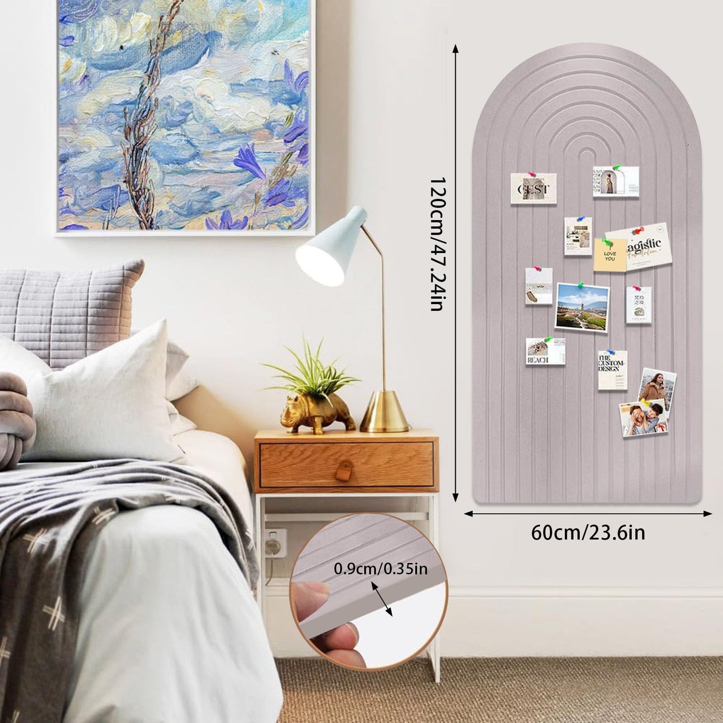 Large Felt Notice Board 47"x24" Arch-Shaped Push Pin Board with 35 Pushpins Cork Board Alternative Self-Adhesive Photo Panels for Office, Bedroom, Living Room, Photo Decorative Board