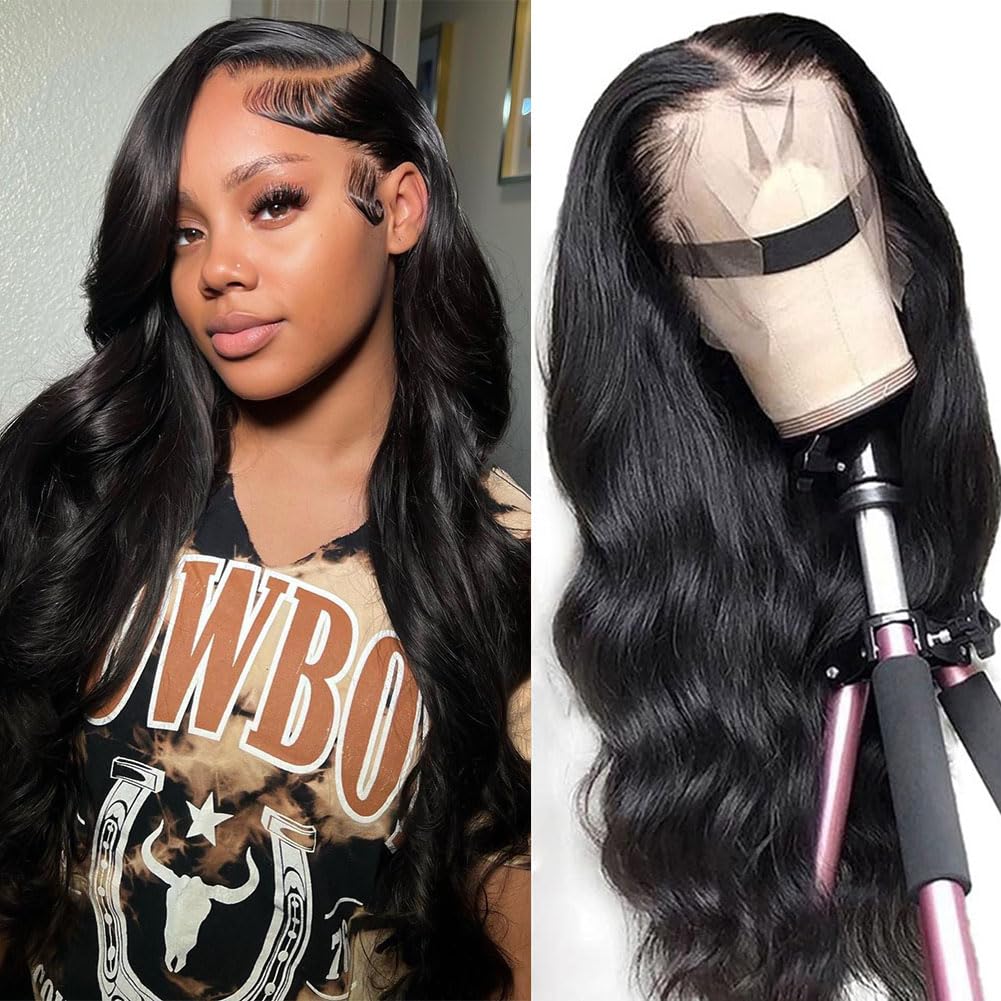 13x4 Body Wave Lace Front Wigs Human Hair Pre Plucked HD Transparent Lace Frontal Wig with Baby Hair 180% Density 9A Glueless Brazilian Virgin Human Hair Lace Front Wigs for Women Natural Black 22Inch