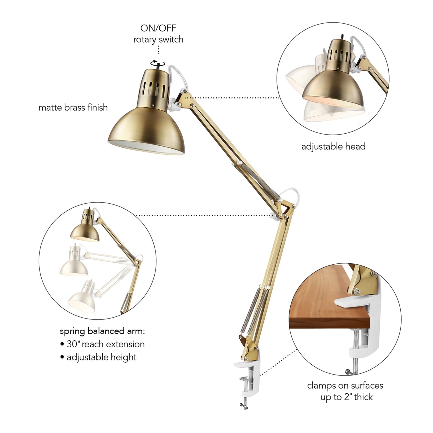 Globe Electric 52847 31.5 Inch Swing Arm Clamp-On White Desk Lamp with Nickel Accents, On/Off Rotary Switch, Book Reading Light, Home Essentials, Office Décor, LED Bulb Compatible