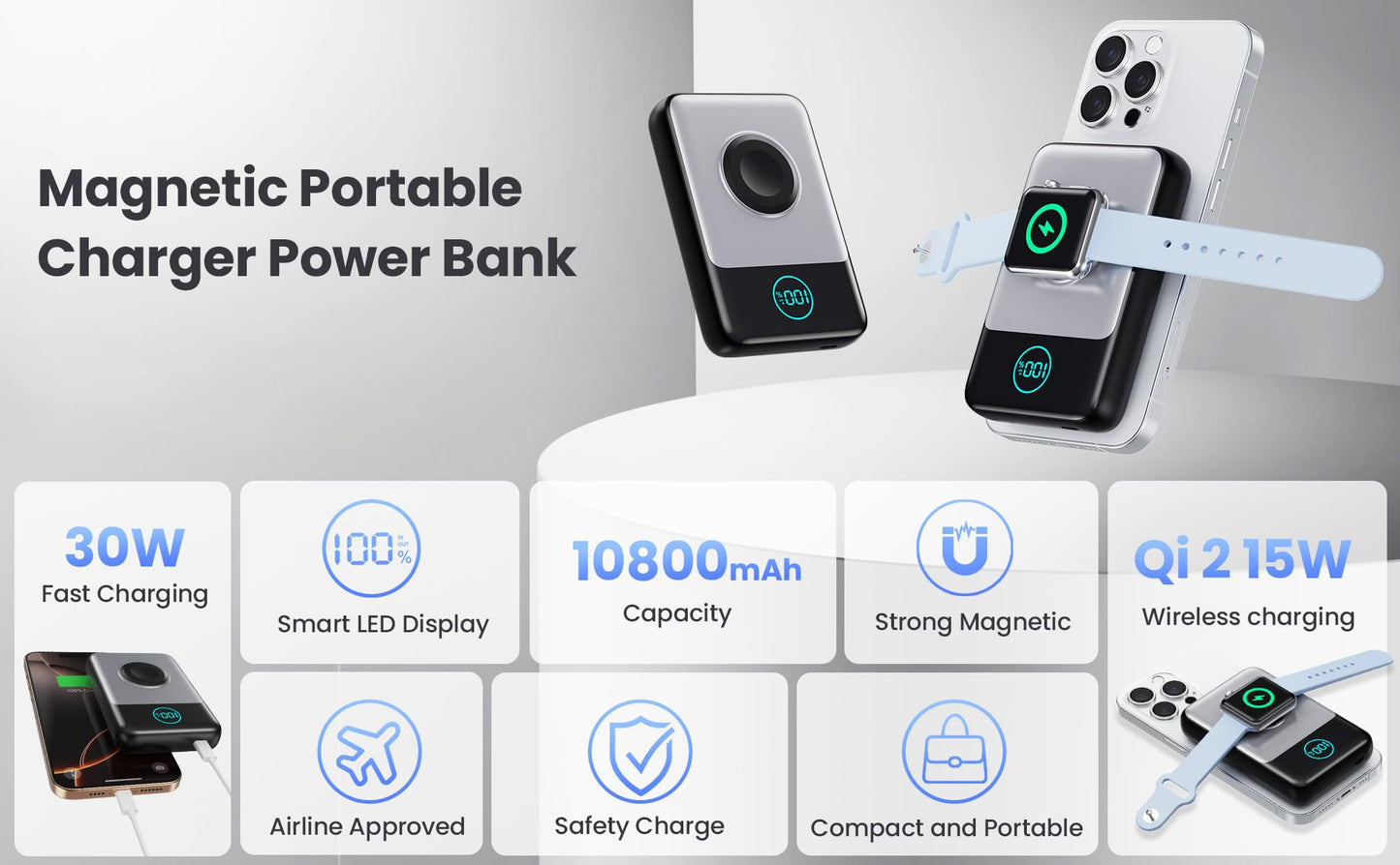 Magnetic Portable Charger for iPhone, 3-in-1 10800mAh Qi2 15W Wireless Power Bank with iWatch Charger,30W PD Fast Charging USB-C LCD Display Battery Pack for Magsafe,iPhone 16/15/14/13/12, Apple Watch