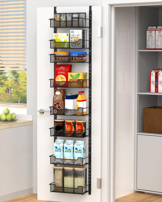 VyGrow 12.3" W Narrow Over the Door Pantry Organizer, 8-Tier Over the Door Organizer with Adjustable Basket, Pantry Door Organization for Pantry Kitchen Storage Room Spice Rack, Black