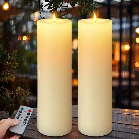 14" x 4" Large Outdoor Candles, Waterproof Flickering LED Flameless Candles with Timer, Battery Operated Candles with Remote Control Realistic Fake Pillar for Patio Porch Lanterns, Ivory 2 Pack