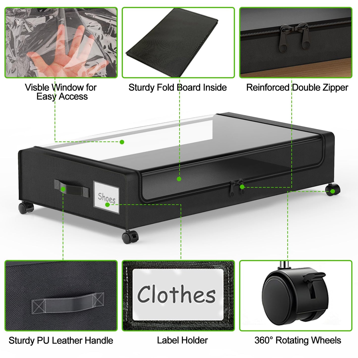 Molutsody Under Bed Storage with Wheels, 2-Pack Underbed Storage Containers with Clear Lids, Under Bed Shoe Storage Organizer, Rolling Under the Bed Storage Bins for Clothes Shoes Blankets (Black)
