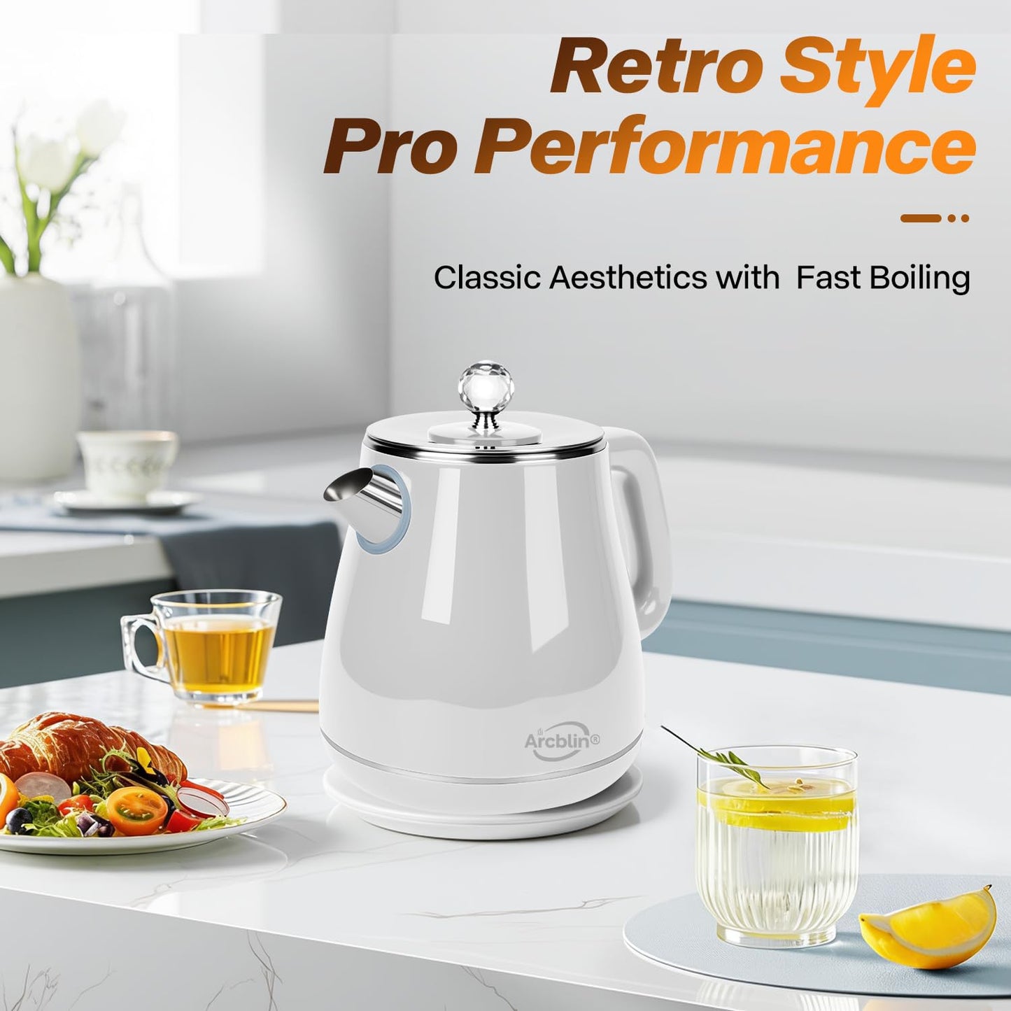 Retro Electric Kettle 1.8L, All Stainless Steel Hot Water Electric Kettle for Boiling Water, 1350W BPA Free Tea Kettle, Electric Tea Kettles Automatic Shut Off, Boil-Dry Protection,Pearl White