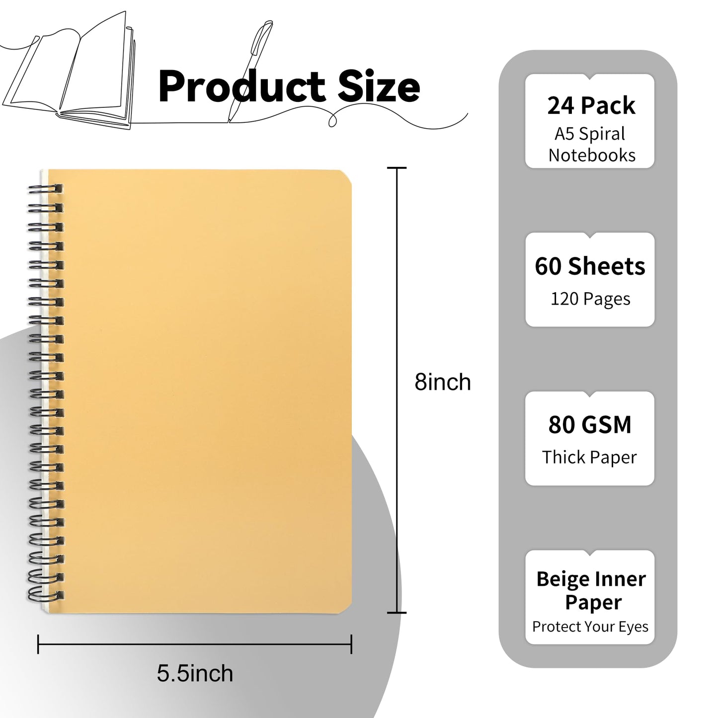 miikoul 24 Pack A5 Spiral Lined Notebooks, 8.1" X 5.5", 60 Sheets/120 Pages Wide Ruled Notebook Spiral Journals Bulk Paper Cover Notepad 12 Colors for Students Taking Class Notes Home Office Gift