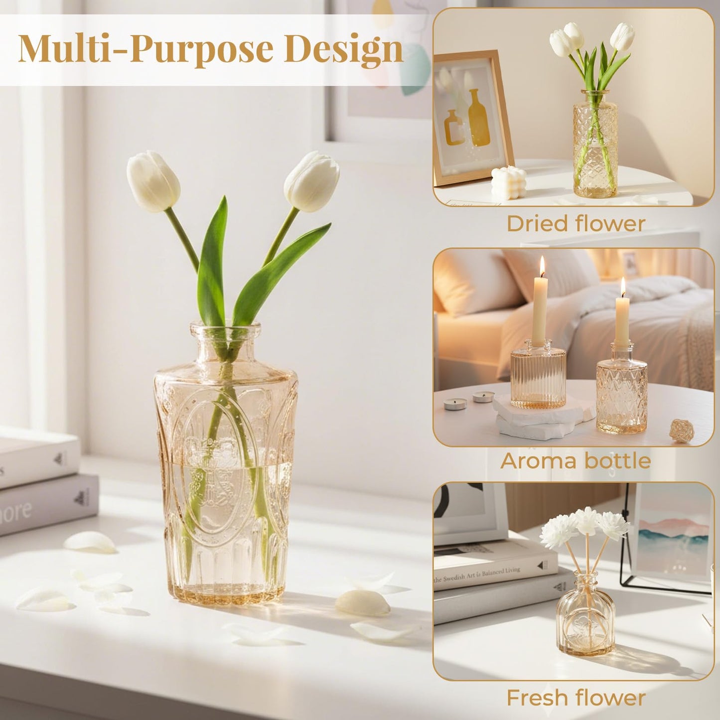24 Pack Bud Vase in Bulk - BEAHOT Gold Flower Vases for Wedding Decorations, Glass Vase for Table Decorations, Small Vase for Home, Mother's Day, Centerpieces, Party, Office (Gold)