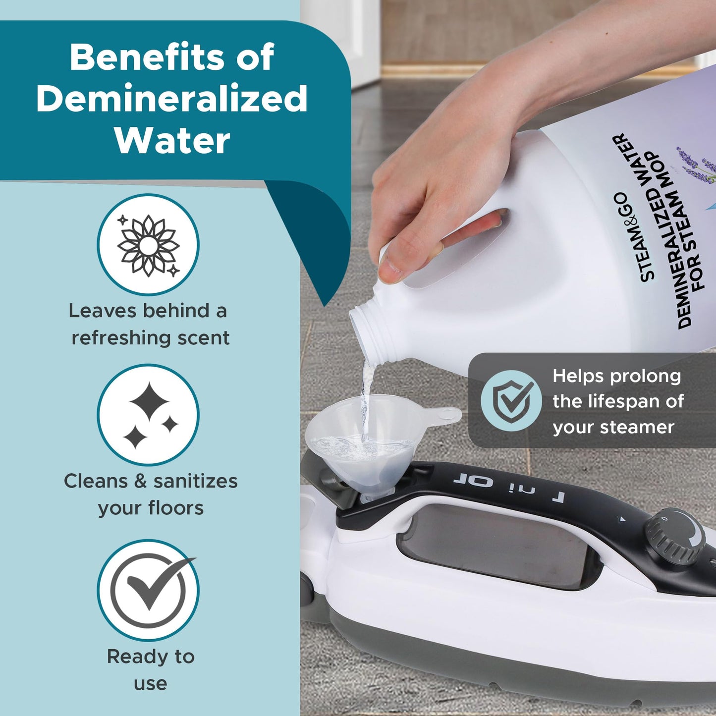 Steam & Go Demineralized Water for Steam Cleaner - PVC-Free Floor Cleaning Solution Compatible for All Steam Mops - Multi-Surface Cleaner for Home Surfaces - Lavender Scent, 128 Fl oz