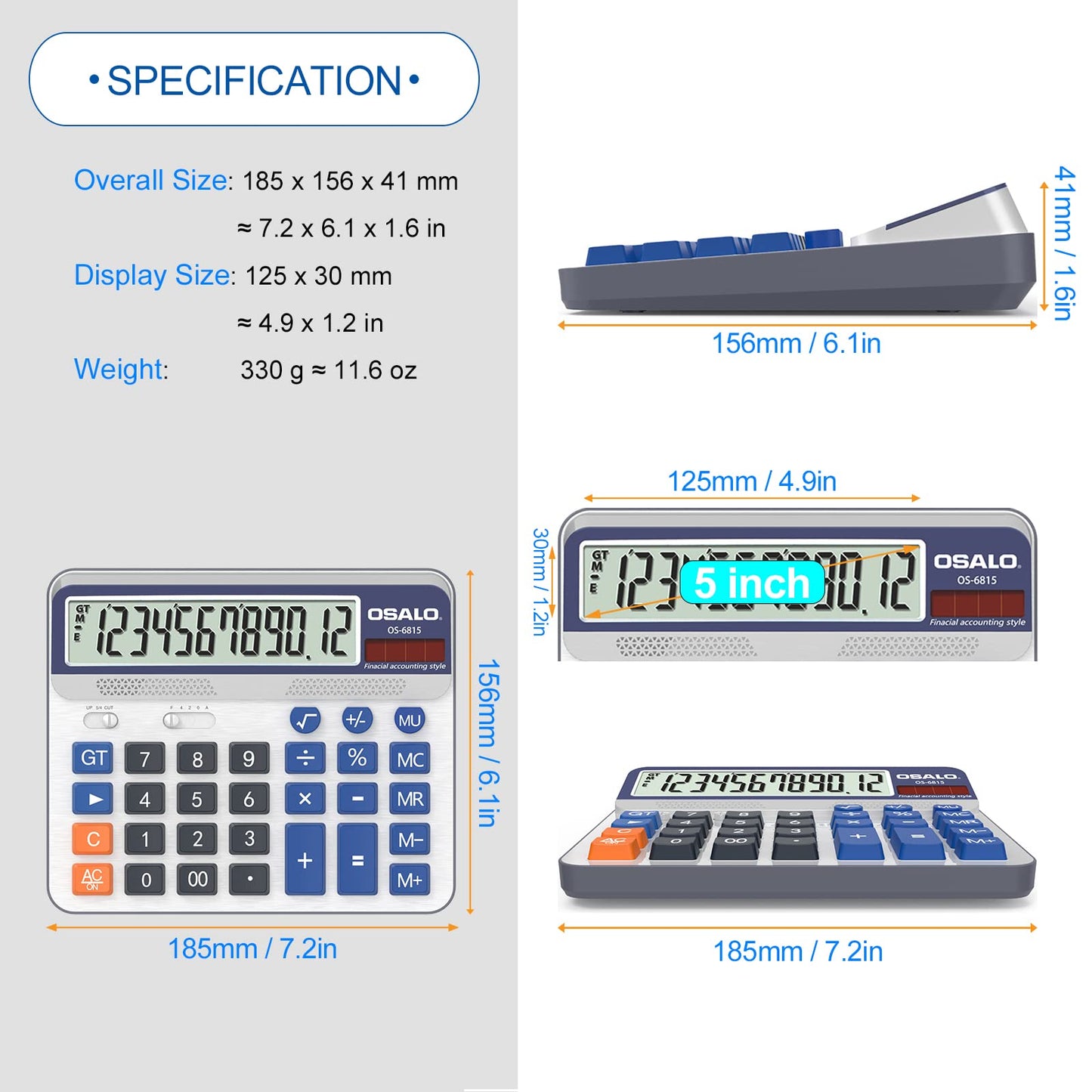 Desktop Calculator Extra Large 5-Inch LCD Display 12-Digit Big Number Accounting Calculator with Giant Response Button, Battery & Solar Powered, Perfect for Office Business Home Daily Use(6815-2pcs)
