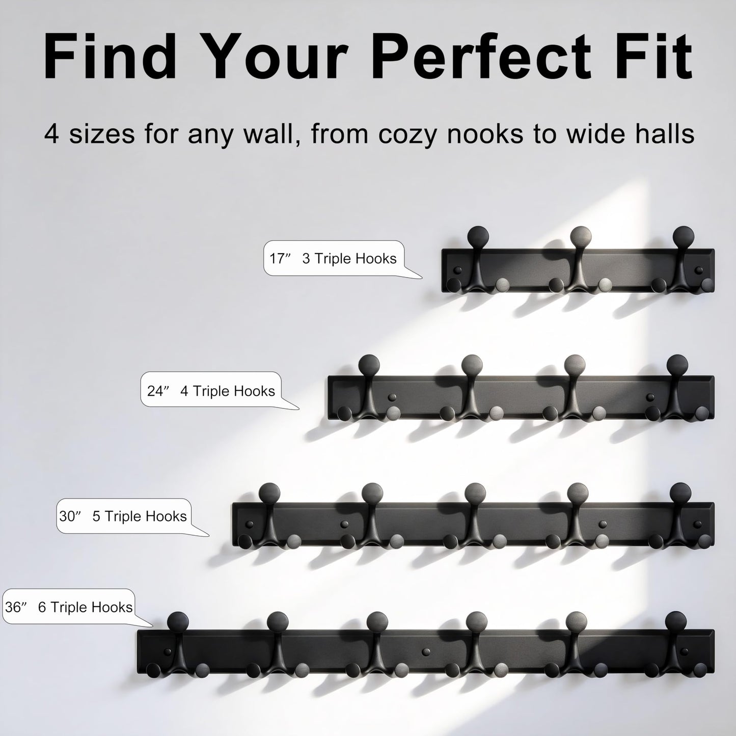 SKOLOO 15 Hooks Wall Mounted Coat Rack, 30 Inch Modern Coat Hanger for Entryway, Bathroom, Garage, Lightweight with 16 Inch Stud Spacing Design, Matte Black