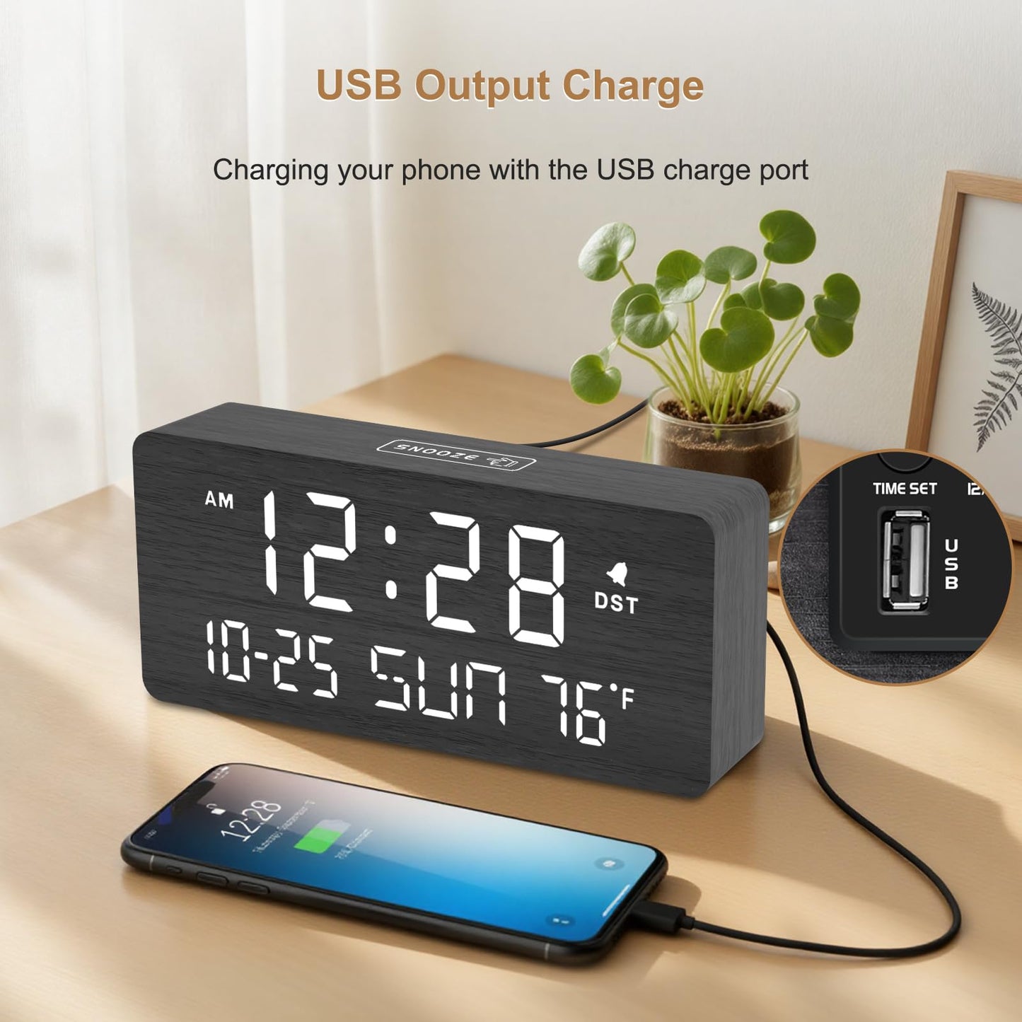 DreamSky Wooden Digital Alarm Clocks for Bedrooms - Living Room Desk Clock with Date and Day of Week, Temperature, USB Port, Dimmer Wheel, Adjustable Volume, Auto DST, Wood Decor for Office Table