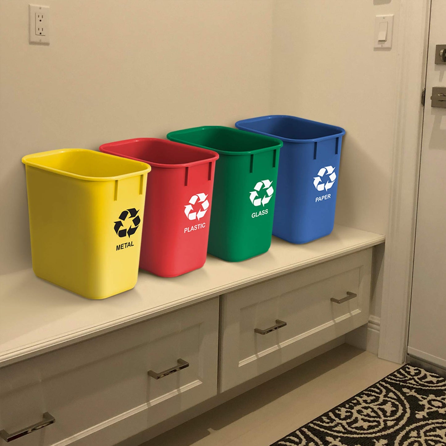 Acrimet Wastebasket Bin for Recycling, 3.25 Gallon/13 Quart/12 Liter (Made of Plastic) (Metal/Yellow, Paper/Blue, Glass/Green, Plastic/Red) (Set of 4)