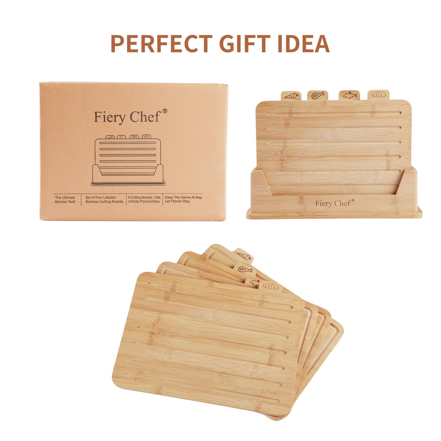 Fiery Chef 12.6"L x 9"W Bamboo Cutting Board Set of 4 - Wood Cutting Board Set with Holder, Chopping Boards Set with Food Icons, Juice Groove - Ideal for Meat, Fish, Bread, Vegetable, Fruit Chopping