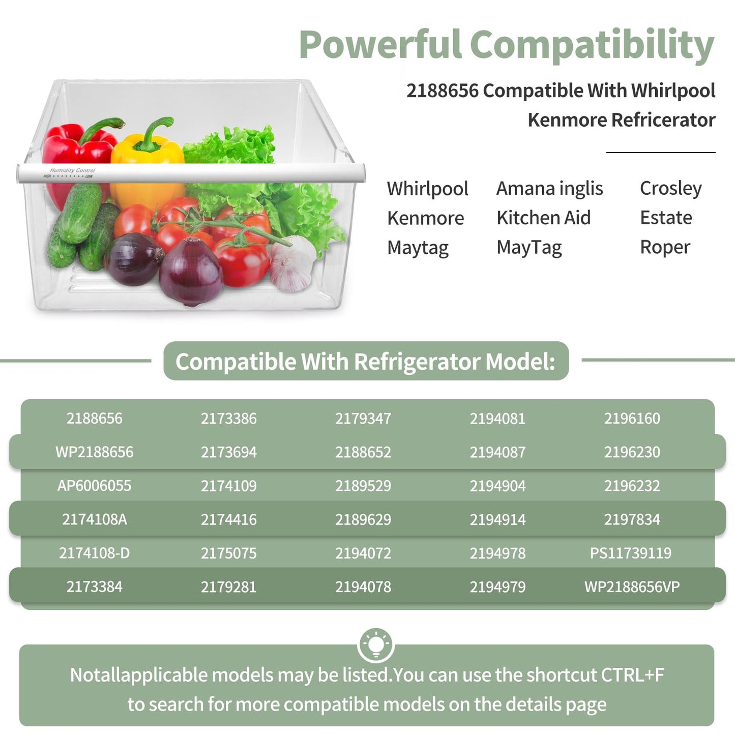 2188656 Fridge Crisper Drawer (Upper),2188656 Crisper Bin, compatible with Whirlpool Refrigerator,Fridge Drawers,Kenmore Refrigerator Parts,Whirlpool Shelf Replacement- WP2188656