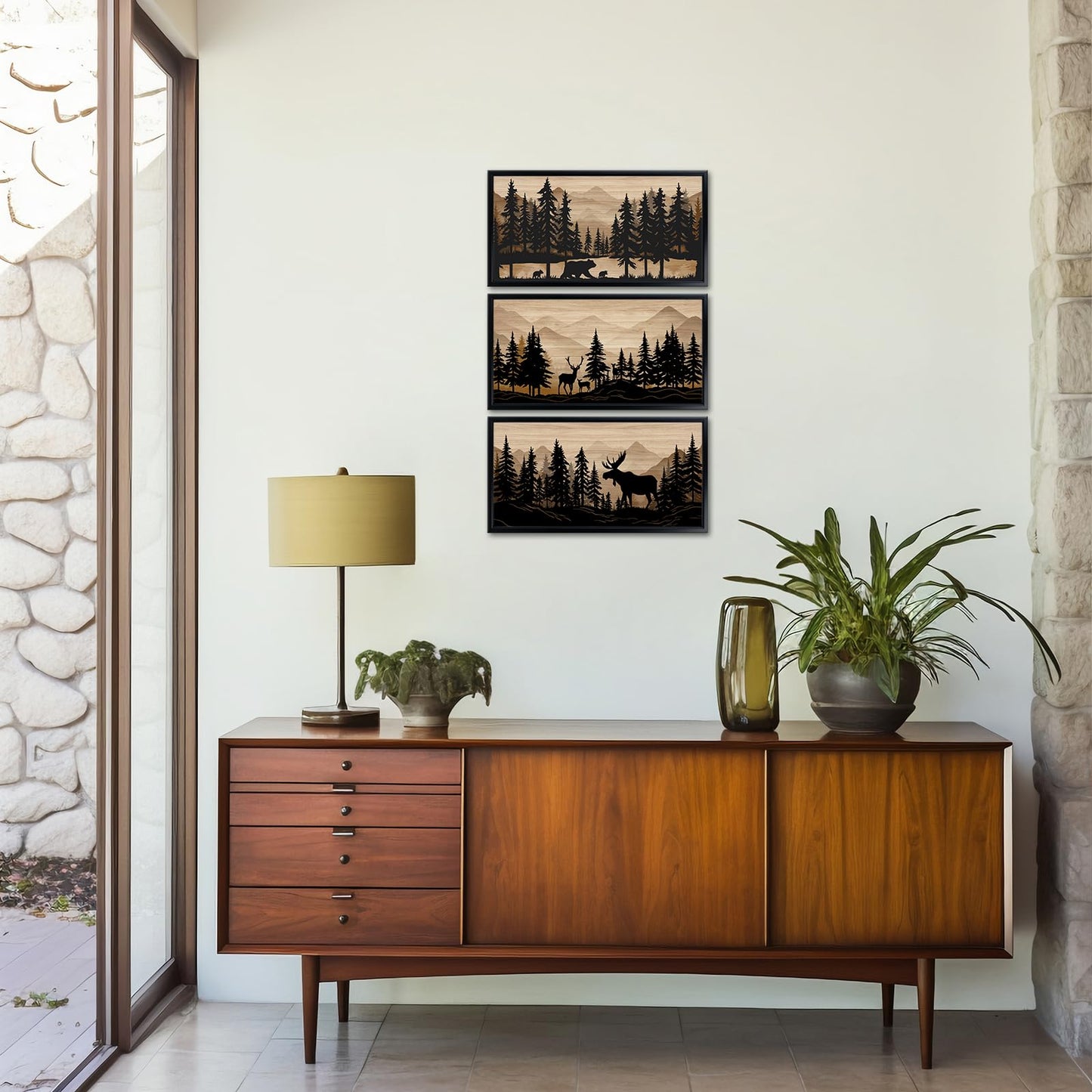 WELMECO Cabin Decor Bear Moose Deer Wall Art Rustic Home Decor Woodland Farmhouse Living Room Bedroom Bathroom Decor Forest Animal Picture, Black Framed 8x16inchx3 Pieces,Brown