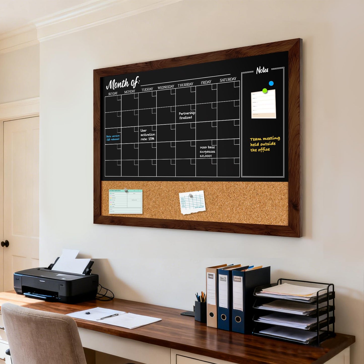 DOLLAR BOSS Chalkboard Calendar Corkboard Combo, 24" x 18" Magnetic Chalk Board Monthly Planner & Natural Cork Bulletin Rustic Wood Frame for Office Home School with 4 Markers, 8 Magnets, 10 Pins
