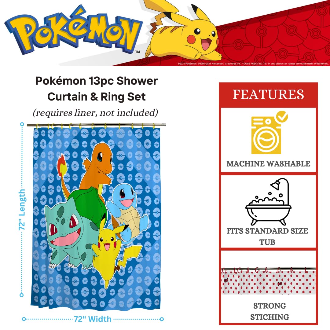 Pokemon Anime 13-Piece Shower Curtain Set, 72 x 72 Inch Fabric Curtain with Hooks, Bathroom Decor, Machine Washable, (100% Officially Licensed Product) by Franco Collectibles