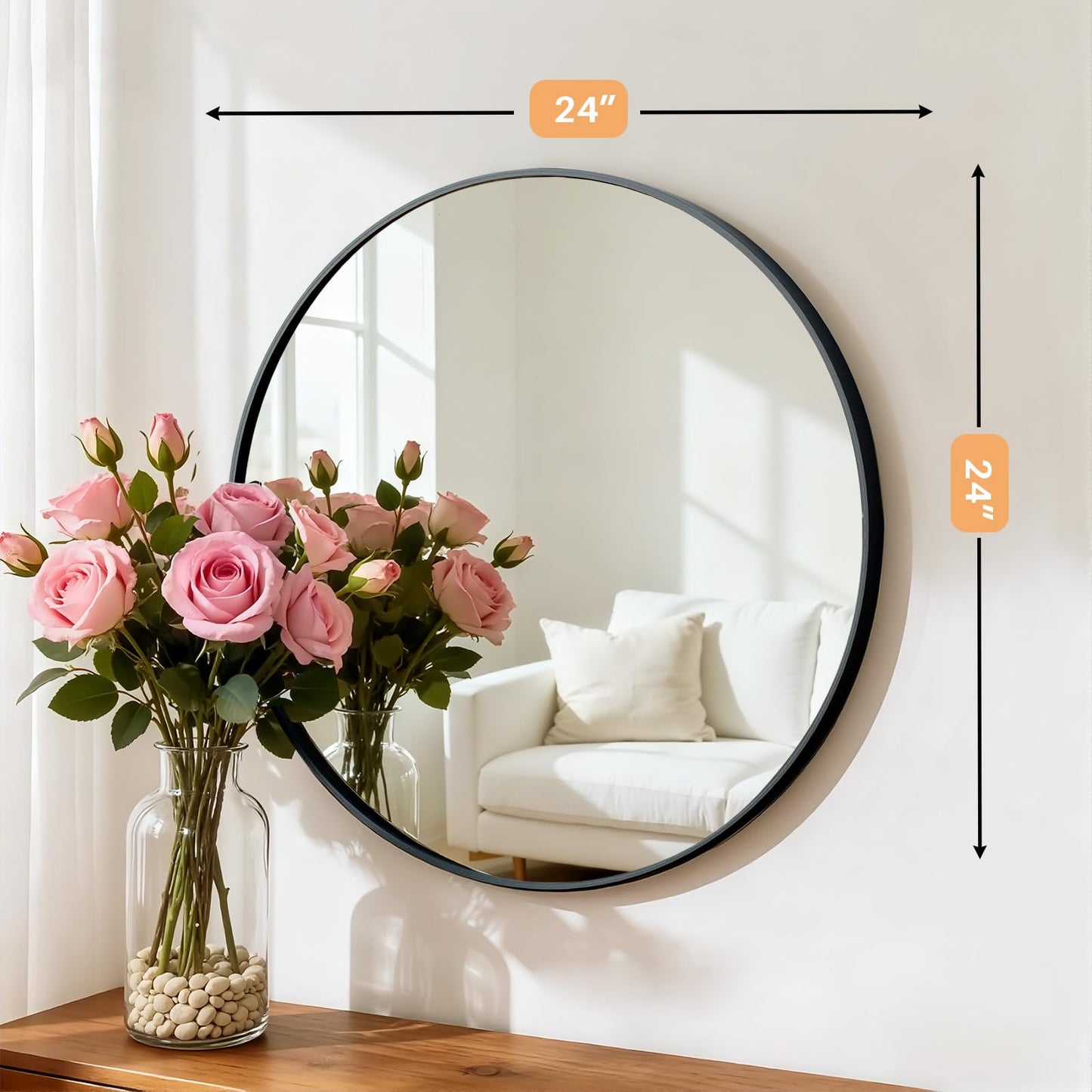 Atilioo Bathroom Mirror for Wall, 24 Inch Round Mirror, Matte Black Metal Framed Circle Vanity Mirror for Bathroom Bedroom Living Room Entryway, Anti-Rust, Tempered Glass, Hanging or Leaning